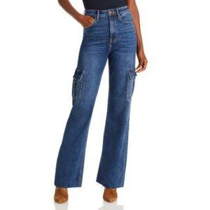 Aqua Blue Cargo Pockets Raw Hem Denim High Rise Wide Leg  Jeans Women's Size 29